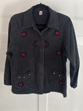 Vintage 100% Cotton Black Embroidered Corduroy Jacket with Red Floral Accents